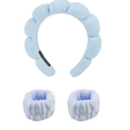 Light blue sponge headband and wristband set for soft water absorption during skincare - Three-Piece Set / Light Blue