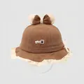Detail of baby sun hat featuring bear ears, bow, and adjustable windproof strap - 50cm (1-3 Years) / Coffee