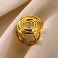 Adjustable golden ring with unique spiral top design on a textured fabric background - Adjustable Open / Gold Vortex Style (G8126749)