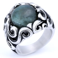 Vintage silver ring with a large oval green gemstone and ornate engraved patterns - Green Turquoise Gemstone (19406)