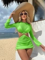 Detail of neon green knit beach cover-up featuring hollow-out waist and metal ring buckle - Fluorescent Green