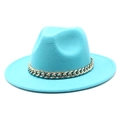 Fashionable bright blue wool fedora hat featuring a chunky gold metal chain decoration - Lake Blue