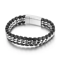 Men's black braided leather bracelet with silver chain inlay and magnetic clasp - Silver Double Row Chain Braided Style (KB81417-BD)