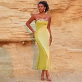 Close-up of floral embroidery on a light green strapless dress with mermaid silhouette - XS / Olive Green