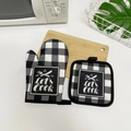 Thick black and white checkered oven mitt and pot holder set with Let's Cook print - B&W Grid/Let's Cook