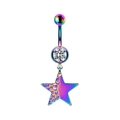 Detail of colorful belly ring with sparkling zircon and textured star-shaped pendant - Colorful Pentagram