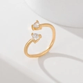 Adjustable gold plated leaf ring featuring two sparkling heart shaped zircon stones - Double Heart Style (JZ019)