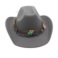 Dark grey wool fedora hat with ethnic beaded band and turquoise stone tassel detail - Ethnic Style Decor / Gray