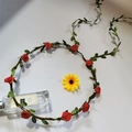 Floral crown hairband with red fabric roses and green leaves on brown rattan vine - Red