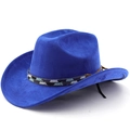 Detail of navy blue suede cowboy hat featuring a colorful beaded ethnic style hatband - Sapphire Blue