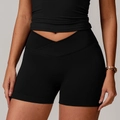 Schwarze Yoga-Shorts mit gekreuztem hohem Bund und strukturierter Ripp-Optik Stoff - S / Schwarz