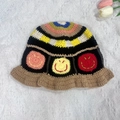 Handmade crochet bucket hat with colorful floral patterns and smiling face designs - M (56-58cm) / Smiley Face with Coffee Trim