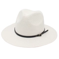 Dettaglio del cappello Panama bianco a trama con cinturino in pelle nera e fibbia metallica - Taglia Unica (Paglia Piatta) / Bianco (Fascia in Pelle Nera)
