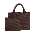 Dark brown woven tote bag set with matching inner pouch and textured handle design - Coffee