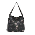 Black nylon skull and floral print tote bag with wide LOVE lettered shoulder strap - Green