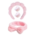 Pink plush spa headband set with matching wristbands and bow detail for skincare - Pink Series Set (2#) / Set of 4