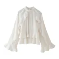White long-sleeve ruffled chiffon shirt with high collar and layered hem design - XS / White