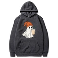 Dark grey Halloween hoodie featuring a cute ghost holding coffee on a plain white background - Dark Gray