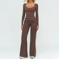 Ensemble de yoga marron foncé 2 pièces avec liseré blanc, haut manches longues et legging - S / Haut Et Bas / Brun Chocolat Foncé