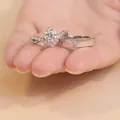 Silver moissanite engagement ring set with V-shaped pavé band and men's wedding ring - Crowning Love [women's Ring] Ljz-24 / Adjustable Open