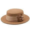 Vintage camel brown flat top wool felt boater hat with ribbon and pearl accents - M(56-58cm) / Khaki