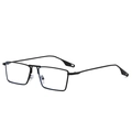 Minimalist black metal square sunglasses with blue light blocking lenses in a 45-degree view - Black Frame Clear Lens C7