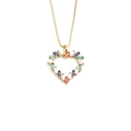 Exaggerated gold plated heart necklace with colorful baguette-cut stones on white background - Hollow Rainbow Heart