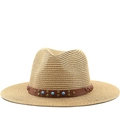 Retro woven straw fedora hat with brown leather band, turquoise beads, and metal studs - M(56-58cm) / Khaki