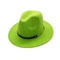 Detail of neon green wool fedora hat featuring black leather band and gold metal chain - One Size / Light Grass Green