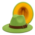 Detail view of two-tone wool fedora hat in grass green and bright yellow with leather band - M(56-58cm) / Fruit Green and Yellow