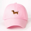 Pink cotton baseball cap featuring embroidered brown dachshund with adjustable back strap - Adjustable / Pink