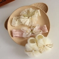 Detail of baby headband and socks set with lace crown, knit bow, and mesh floral design - 4641 Beige Pink Headband + Socks