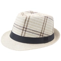 Classic woven straw Fedora hat with brown checkered pattern and black ribbon band - M (56-58cm) / Beige