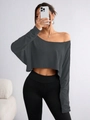 Detail of off-shoulder cropped long sleeve top and high-waisted black leggings set - Dark Gray