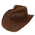Dark brown woven western cowboy hat with wide curved brim and minimalist rope band - One Size / Coffee