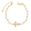 Elegant gold fleur-de-lis cross bracelet with white pearls and sparkling cubic zirconia - C-Fleur-de-lis