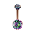 Rose gold belly button ring featuring two round rainbow cubic zirconia stones - Rose Gold/Rainbow Zircon