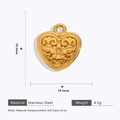 Detail of 18k gold plated heart pendant with floral texture and dimension specs - Heart Flower / Gold