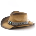 Breathable straw cowboy hat with ethnic band and turquoise stone for sun protection - M (56-58cm) / Khaki Coffee Spray Paint