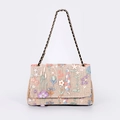Beige geweven schoudertas met kleurrijk bloemenborduurwerk en gouden kettingriem - Ketting Beige