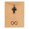 Détail du collier pendentif croix en pierre avec chaîne argentée sur carte d'amitié - Noir/Pierre de Lave Naturelle