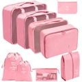 Pink 8-piece travel luggage organizer set with mesh cubes and laundry bags - Cosmetic Bag 9-Piece Set / Pink