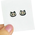 Day of the Dead cat stud earrings with colorful floral patterns on a white card - Black Day of the Dead Cat