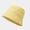Detailed side view of a yellow cotton bucket hat featuring a white embroidered letter P - Yellow