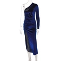 Slim fit navy velvet one shoulder long sleeve dress with side ruching and a high slit - S / Blue