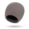 Thick grey knit beanie for men with warm ribbed fabric and silver metal logo detail - One Size / Beige