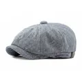 Classic blue and white newsboy cap in textured tweed fabric with metal buckle detail - One Size / Navy Blue