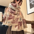 Elegant beige cashmere-style scarf featuring red and blue animal prints and tassel edges - All Creatures-Orange Purple