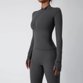 Charcoal grey slim fit yoga set with zip-up long sleeve jacket and thumbhole cuffs - S / 6116 Long Sleeve + 6116 Leggings / Dark Gray