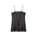 Elegant black satin camisole top with delicate lace trim detailing on white background - XS / Tops